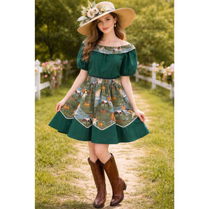 Handmade Horse Print Skirt Set Cottagecore Equestrian Derby whimsical Green S-M